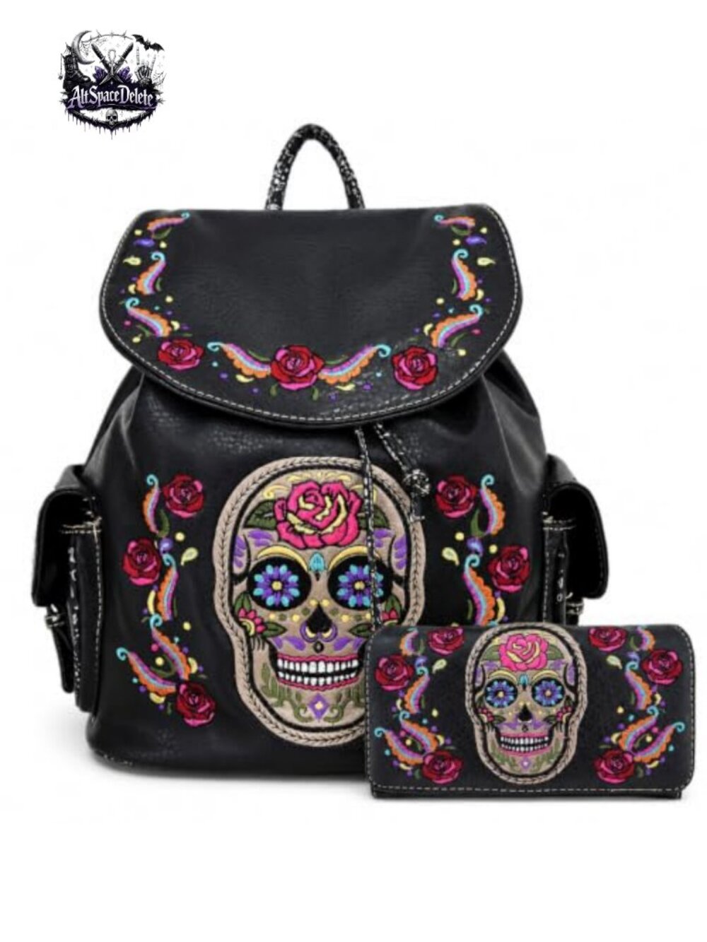 Gothic Skull Faux Leather Backpack Purse & Wallet Set Women
